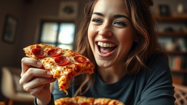 Young woman enjoying pizza, highlighting junk food's brain effects.