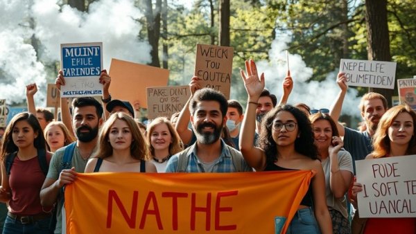 Cop City protests in woodland with diverse crowd and signs.