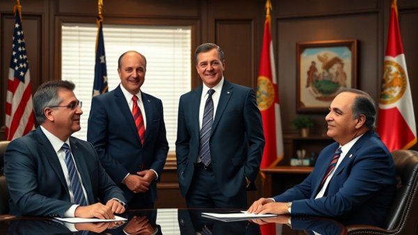 Direct selling industry meeting with flags and professionals.