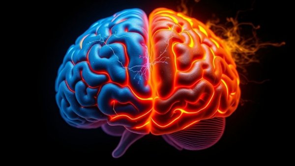 Neural activity illustrated by brain split into blue and fiery halves.