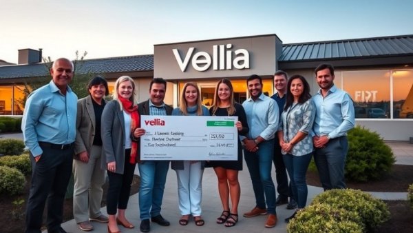 Group outside Veolia building in Idaho holding check, promoting energy efficiency.