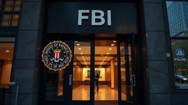 FBI headquarters entrance with emblem at dusk.