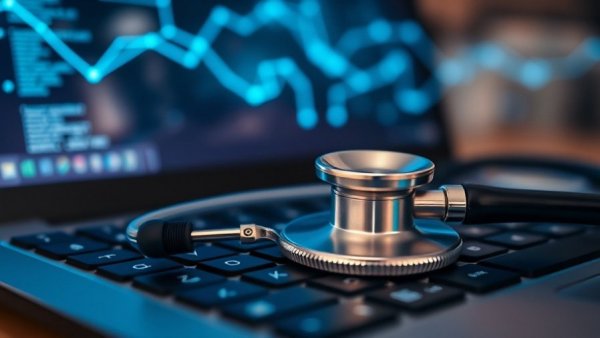 Stethoscope on laptop keyboard, AAMI Cybersecurity Guidance for Medical Devices.