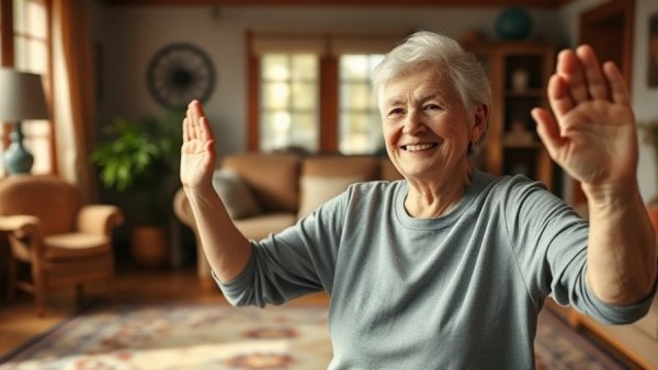 Elderly woman exercising on rug for brain balance ageing.