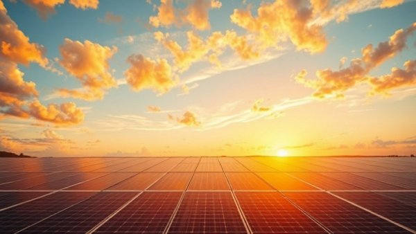 Solar panels at sunset for Arvin wastewater treatment plant.