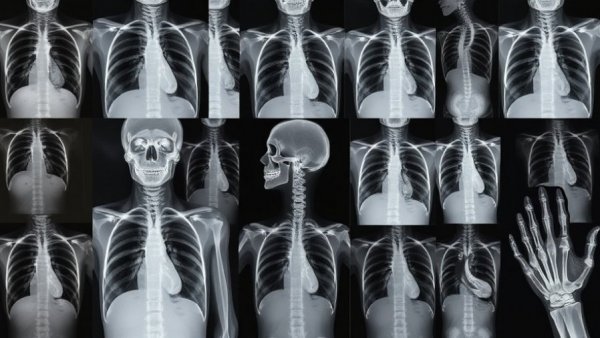 Collage of X-ray images showing chest, neck, and hand anatomy, Deepfake X-rays.
