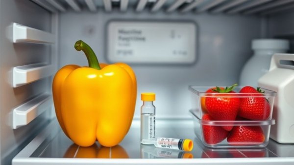 GLP-1 medication in fridge with fresh produce.