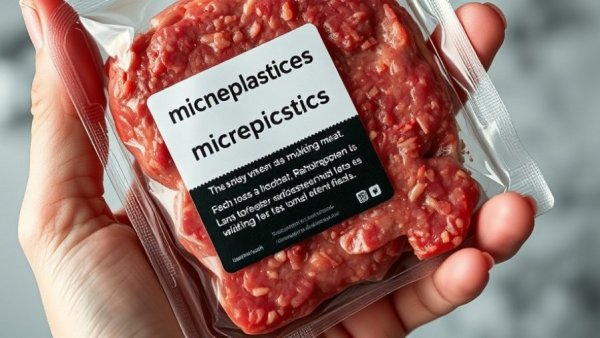 Microplastics in your food and water: close-up of minced meat package.