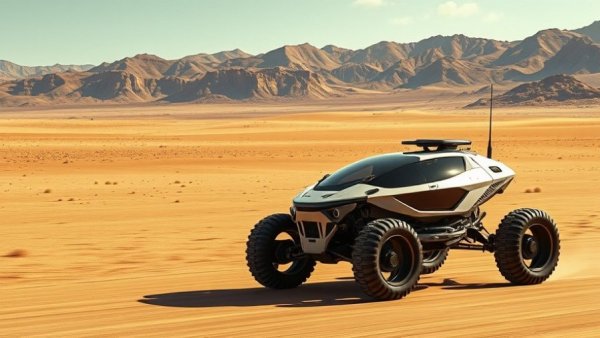 Futuristic AI-driven unmanned ground vehicle in a desert setting.