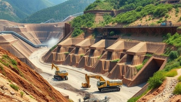 Copper mine renewal project in lush mountainous terrain, active excavation.