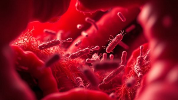 Microscopic view of gut bacteria influencing immune system, red tones.