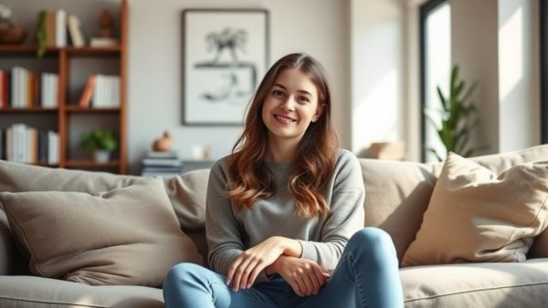 Relaxed young woman practicing mental health maintenance strategies at home.