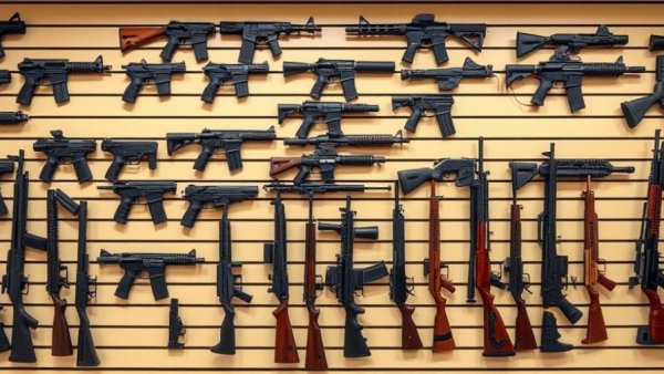 Varied firearm display in gun store, showcasing rifles and handguns.