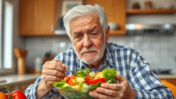 Elderly man experiencing appetite loss during illness in a bright kitchen.