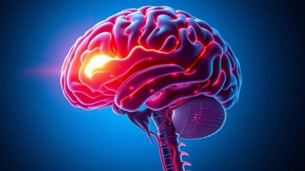 Stylized depiction of a stroke in a human brain highlighting vascular system.