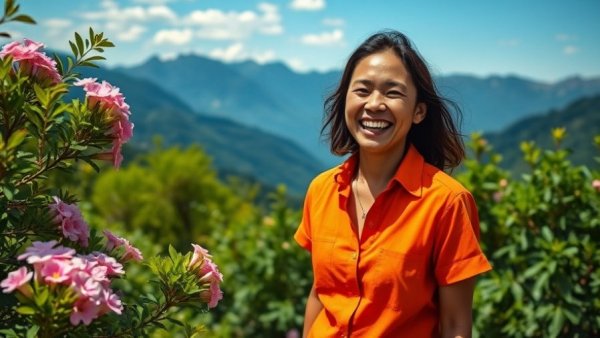 Joyful woman in nature with pink flowers, representing Pink Moon 2026 astrology wellness strategies.