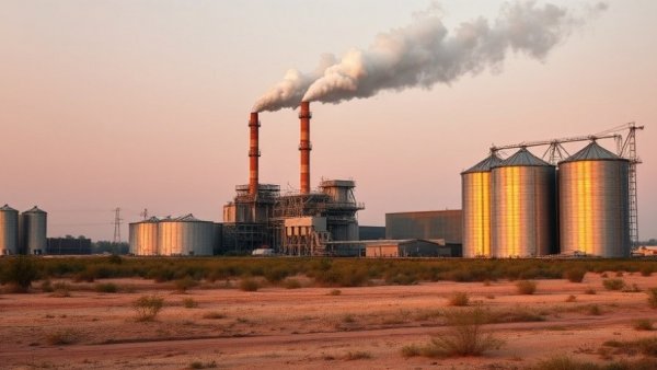 Industrial factory with smoke emission and barren land.
