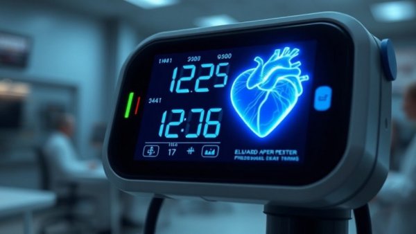 Blood pressure monitor and holographic heart, elevated cortisol levels concept.