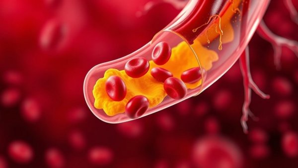 Artery illustration showing plaque and red blood cells, related to cholesterol-lowering drug reducing heart attack risk.