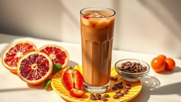 Iced coffee with fruits and beans, promoting coffee gut health benefits.