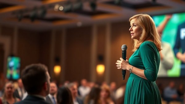 Speaker in green dress discusses plastic crisis and disposables impact.