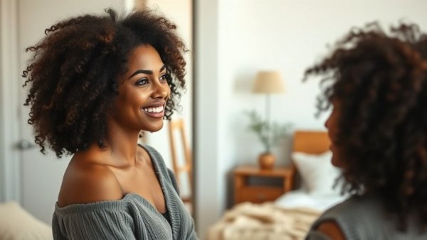 Woman embracing radical self-acceptance, smiling in mirror.