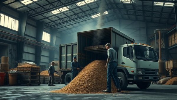 Grain truck unloading in warehouse; biofuel impact analysis
