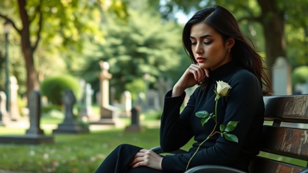 Woman coping with grief, holding rose in cemetery setting.