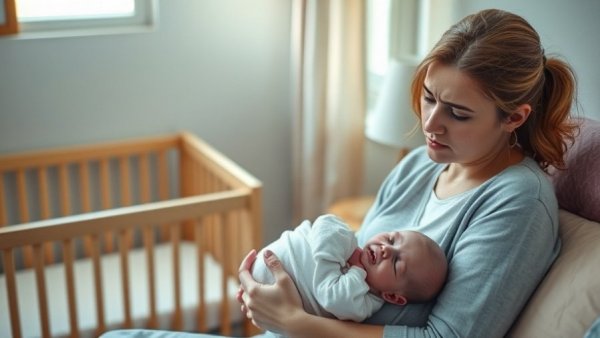 Concerned young mother with newborn, understanding postpartum depression, warm bedroom