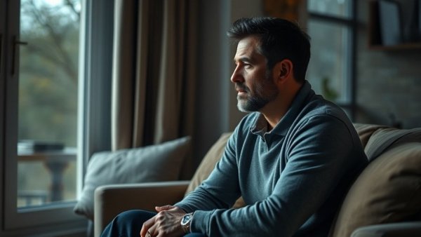 Man managing anxiety in uncertain times by a window, thoughtful.