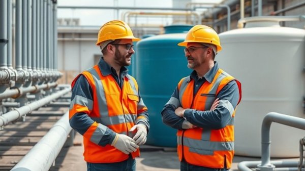 Workers in safety gear discuss at water treatment plant, workforce development in water sector.