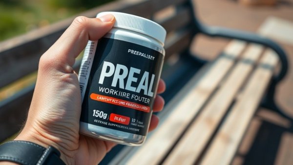 Close-up of a hand holding a pre-workout supplement container outdoors focusing on product label.