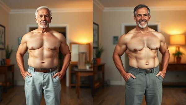 Before and after body transformation of an older man.