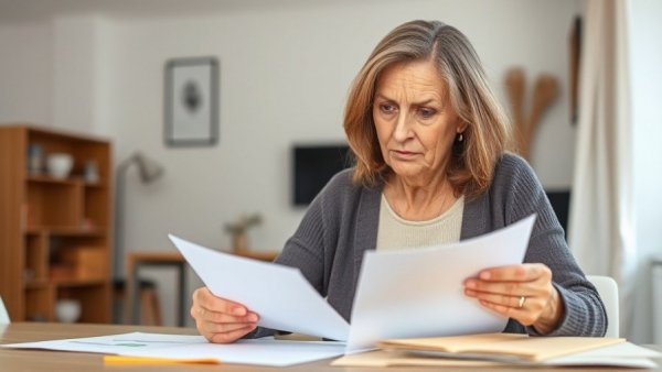 Woman reviewing papers on cancelled health insurance for unpaid premium.