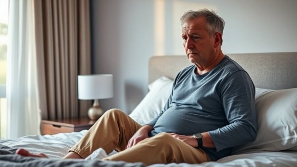 Tired man in sleepwear, exhausted, sitting on bed. Wakefulness drug solriamfetol.