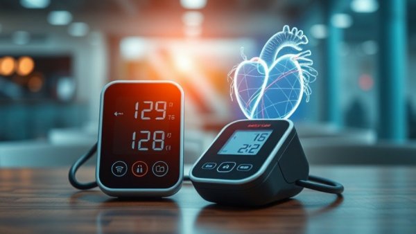 Digital blood pressure monitor next to holographic heart for salt substitutes blood pressure management.