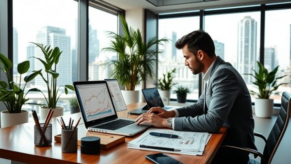 Modern office with individual analyzing semi-annual financial reporting.