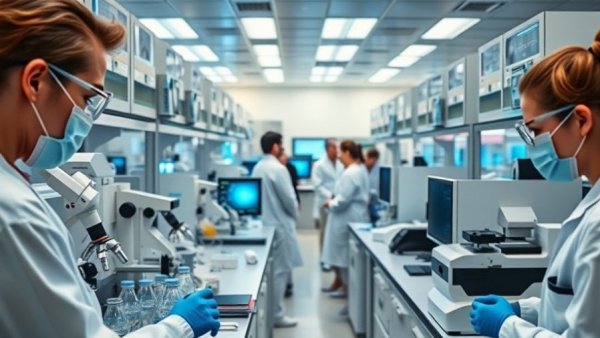 Advanced medical laboratory with researchers and technology.