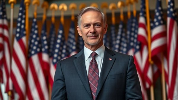 Confident man in suit against American flags, Alex Jones calls to abandon Trump.