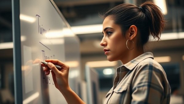 Focused woman writing on a whiteboard in an office, job search context.