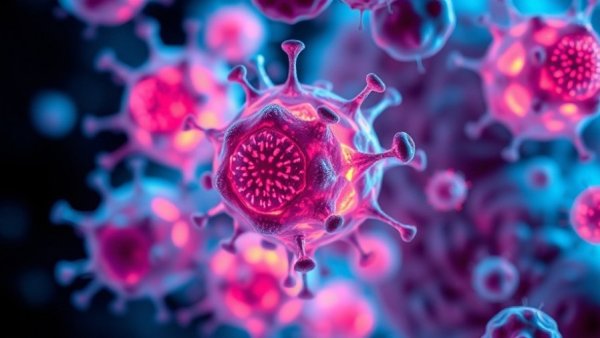 Abstract depiction of cancer cells representing OS Therapies funding and cancer treatments.