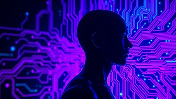 Futuristic AGI advancements concept poster with neon circuitry.