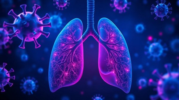 Stylized lungs with virus particles representing aging lungs and respiratory infections.