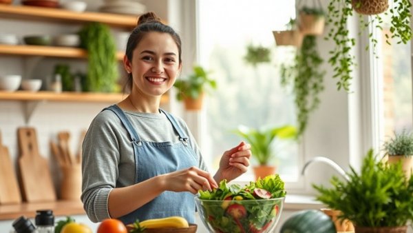 Woman in kitchen preparing salad to reduce risk of dementia.