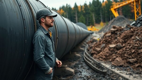 Industrial worker inspecting large pipeline for Colonial Pipeline damage