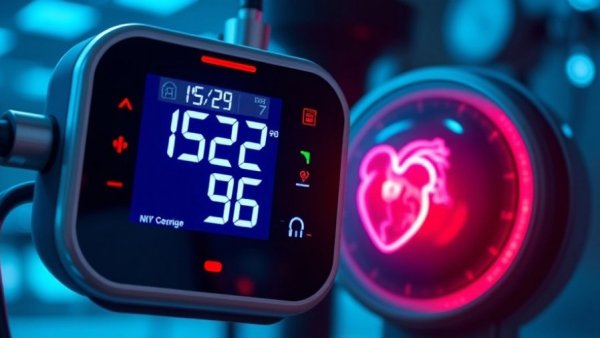 Futuristic blood pressure monitor with holographic heart for baxdrostat treatment.