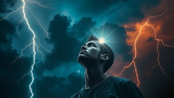 Man pondering amidst stormy sky, concept of astrocytes control fear and PTSD.