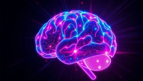Glowing brain illustrating neural pathways and protein FTL1 in aging.
