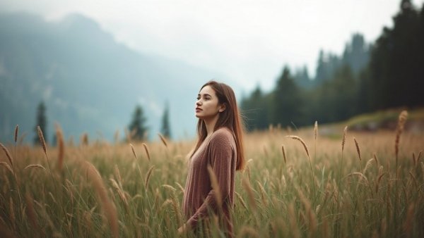 Serene woman enjoying nature exposure to combat low mood in misty landscape.