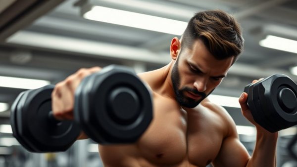 Athletic man focused on dumbbell workout in gym, highlighting 3-day full-body dumbbell workout routine.